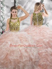 Peach Zipper Scoop Beading and Ruffles Ball Gown Prom Dress Organza Sleeveless