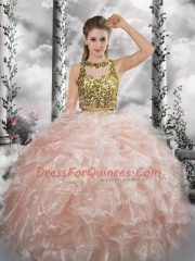 Peach Zipper Scoop Beading and Ruffles Ball Gown Prom Dress Organza Sleeveless