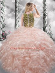 Peach Zipper Scoop Beading and Ruffles Ball Gown Prom Dress Organza Sleeveless