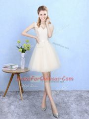 Beauteous Champagne Lace Up V-neck Lace Quinceanera Court Dresses Tulle Sleeveless
