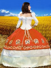 Perfect Embroidery Quinceanera Dresses Orange Red Lace Up 3 4 Length Sleeve Floor Length