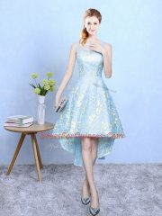 Embroidery Dama Dress Aqua Blue Zipper Sleeveless High Low