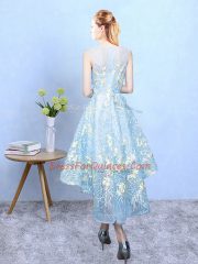 Embroidery Dama Dress Aqua Blue Zipper Sleeveless High Low