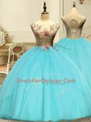 Dazzling Aqua Blue Lace Up 15 Quinceanera Dress Appliques Sleeveless Floor Length