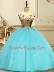 Dazzling Aqua Blue Lace Up 15 Quinceanera Dress Appliques Sleeveless Floor Length