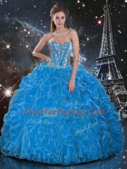 Fantastic Baby Blue Ball Gowns Organza Sweetheart Sleeveless Beading and Ruffles Floor Length Lace Up Quince Ball Gowns