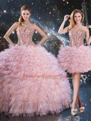 Baby Pink Quinceanera Gowns Military Ball and Sweet 16 and Quinceanera with Beading and Ruffles Sweetheart Sleeveless Lace Up