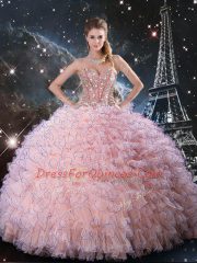 Baby Pink Quinceanera Gowns Military Ball and Sweet 16 and Quinceanera with Beading and Ruffles Sweetheart Sleeveless Lace Up
