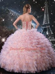 Baby Pink Quinceanera Gowns Military Ball and Sweet 16 and Quinceanera with Beading and Ruffles Sweetheart Sleeveless Lace Up
