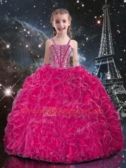Luxurious Organza Straps Sleeveless Lace Up Beading and Ruffles Little Girls Pageant Dress in Fuchsia