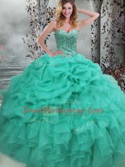 Turquoise Sleeveless Floor Length Beading and Ruffles Lace Up Quince Ball Gowns