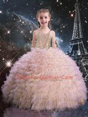 Organza Straps Sleeveless Lace Up Beading and Ruffles Kids Pageant Dress in Pink