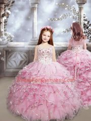Baby Pink Sweetheart Lace Up Beading and Ruffles Kids Pageant Dress Brush Train Sleeveless