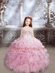 Baby Pink Sweetheart Lace Up Beading and Ruffles Kids Pageant Dress Brush Train Sleeveless