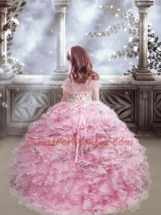 Baby Pink Sweetheart Lace Up Beading and Ruffles Kids Pageant Dress Brush Train Sleeveless