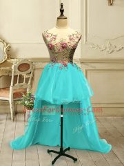 Embroidery Evening Dress Aqua Blue Lace Up Sleeveless High Low
