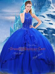 Tulle High-neck Sleeveless Brush Train Lace Up Beading and Ruffles Vestidos de Quinceanera in Royal Blue