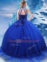 Tulle High-neck Sleeveless Brush Train Lace Up Beading and Ruffles Vestidos de Quinceanera in Royal Blue