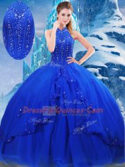 Tulle High-neck Sleeveless Brush Train Lace Up Beading and Ruffles Vestidos de Quinceanera in Royal Blue