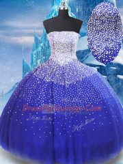 Fashion Blue Strapless Neckline Beading Quinceanera Dresses Sleeveless Lace Up