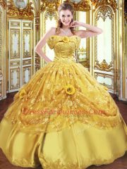 Vintage Gold Tulle Lace Up Strapless Sleeveless Floor Length Quinceanera Dresses Beading and Appliques and Hand Made Flower