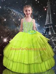 Floor Length Yellow Green Kids Formal Wear Tulle Sleeveless Beading and Ruffled Layers