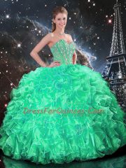 Turquoise Ball Gowns Sweetheart Sleeveless Organza Floor Length Lace Up Beading and Ruffles Quinceanera Dress