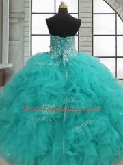 Turquoise Ball Gowns Organza Sweetheart Sleeveless Beading and Ruffles Floor Length Lace Up Sweet 16 Dresses