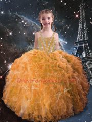 Orange Red Straps Lace Up Beading and Ruffles Little Girl Pageant Dress Sleeveless