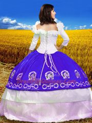 Most Popular 3 4 Length Sleeve Taffeta Floor Length Lace Up Quinceanera Gowns in Purple with Embroidery