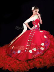 Taffeta V-neck Sleeveless Brush Train Lace Up Embroidery and Ruffles Quinceanera Dresses in Red