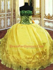 Sexy Organza Sweetheart Sleeveless Lace Up Embroidery and Ruffles Sweet 16 Quinceanera Dress in Gold
