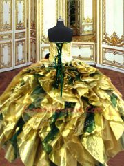Sexy Organza Sweetheart Sleeveless Lace Up Embroidery and Ruffles Sweet 16 Quinceanera Dress in Gold