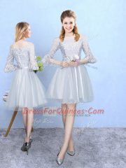 Silver Empire Lace Quinceanera Court of Honor Dress Lace Up Tulle Half Sleeves With Train