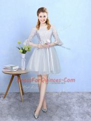 Silver Empire Lace Quinceanera Court of Honor Dress Lace Up Tulle Half Sleeves With Train