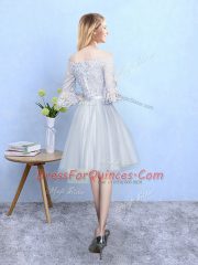 Silver Empire Lace Quinceanera Court of Honor Dress Lace Up Tulle Half Sleeves With Train