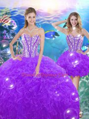 Fitting Purple Organza Lace Up Sweetheart Sleeveless Floor Length Quince Ball Gowns Beading and Ruffles
