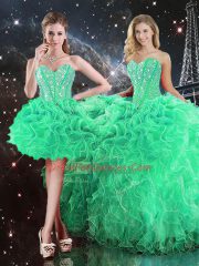 Green Lace Up Ball Gown Prom Dress Beading and Ruffles Sleeveless Floor Length