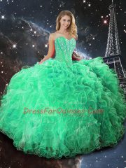 Green Lace Up Ball Gown Prom Dress Beading and Ruffles Sleeveless Floor Length