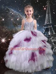 Sleeveless Floor Length Beading and Ruffled Layers Lace Up Child Pageant Dress with White