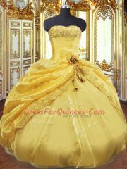 Gold Strapless Lace Up Beading and Pick Ups 15th Birthday Dress Sleeveless