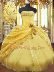 Gold Strapless Lace Up Beading and Pick Ups 15th Birthday Dress Sleeveless