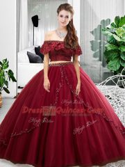 Stunning Burgundy Off The Shoulder Neckline Lace and Ruffles Quinceanera Gowns Sleeveless Lace Up