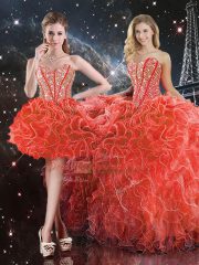 Extravagant Sweetheart Sleeveless Sweet 16 Dress Floor Length Beading and Ruffles Coral Red Organza