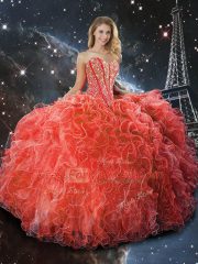 Extravagant Sweetheart Sleeveless Sweet 16 Dress Floor Length Beading and Ruffles Coral Red Organza