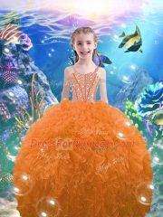 Eye-catching Sleeveless Organza Floor Length Lace Up Little Girls Pageant Gowns in Orange Red with Beading and Ruffles