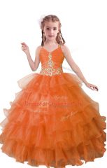Orange Red Ball Gowns V-neck Sleeveless Organza Floor Length Zipper Beading and Ruffled Layers Little Girls Pageant Dress Wholesale