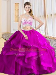 Modern One Shoulder Sleeveless Tulle Quince Ball Gowns Beading and Ruffles Criss Cross