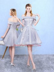 Custom Made Grey Lace Up Off The Shoulder Appliques Quinceanera Dama Dress Tulle Half Sleeves