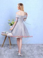 Custom Made Grey Lace Up Off The Shoulder Appliques Quinceanera Dama Dress Tulle Half Sleeves